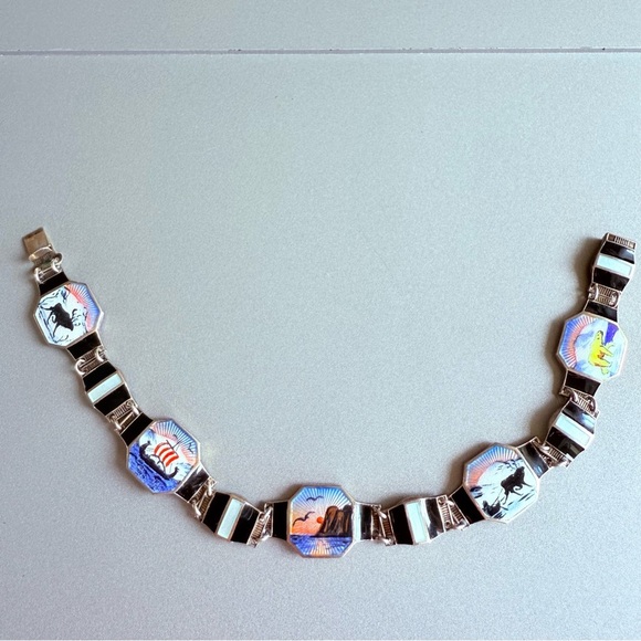 BERNARD MELDAHL ENAMEL GUILLOCHE VINTAGE NORWEGIAN STERLING SILVER BRACE… - Picture 2 of 9